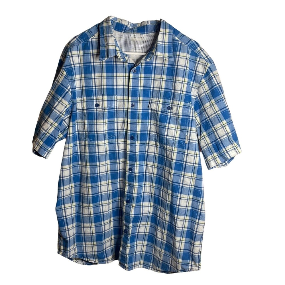 COLUMBIA Shirt Mens Large Blue Plaid Front Pocket Short Sleeve Button Up